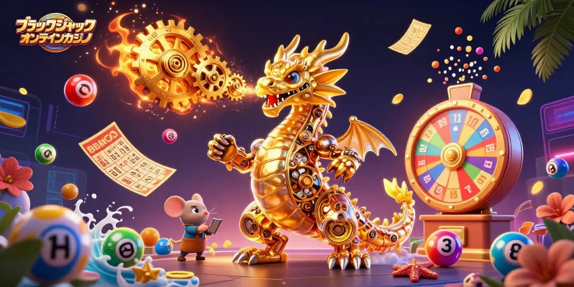 ブラックジャック オンラインカジノでのゲーム体験を強化する金色のドラゴンとエンジニアのイラスト