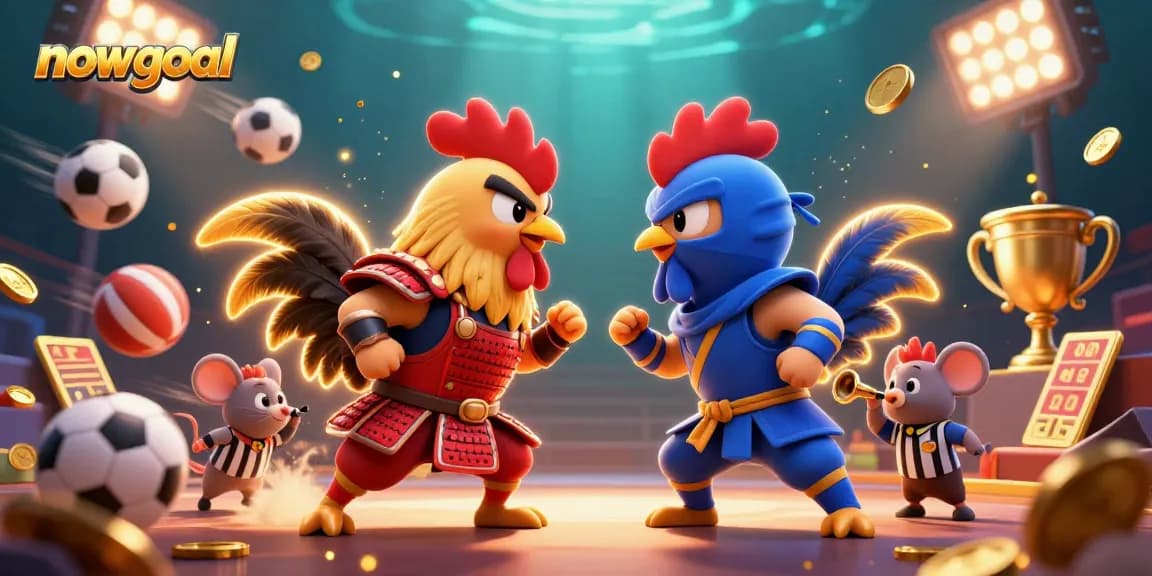 Experience the excitement of nowgoal with this dynamic scene featuring a samurai and ninja rooster showdown amidst vibrant sports elements.