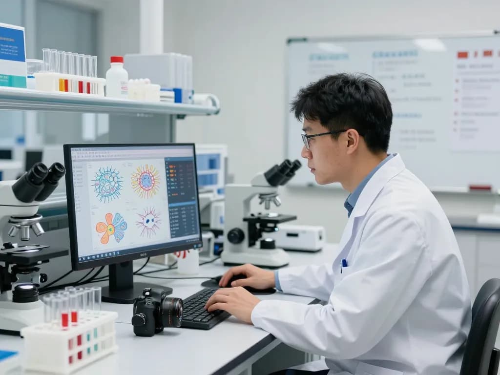 Scientist analyzing neurodegenerative disease data on a computer at https://nddo.org in a bright research lab.