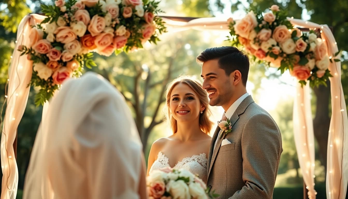 Capture an intimate moment of a couple by a wedding photographer in a lush garden.