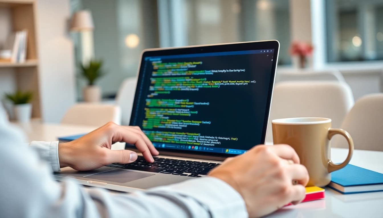 Web developer optimizing meta tags on a laptop, highlighting key features of website design.
