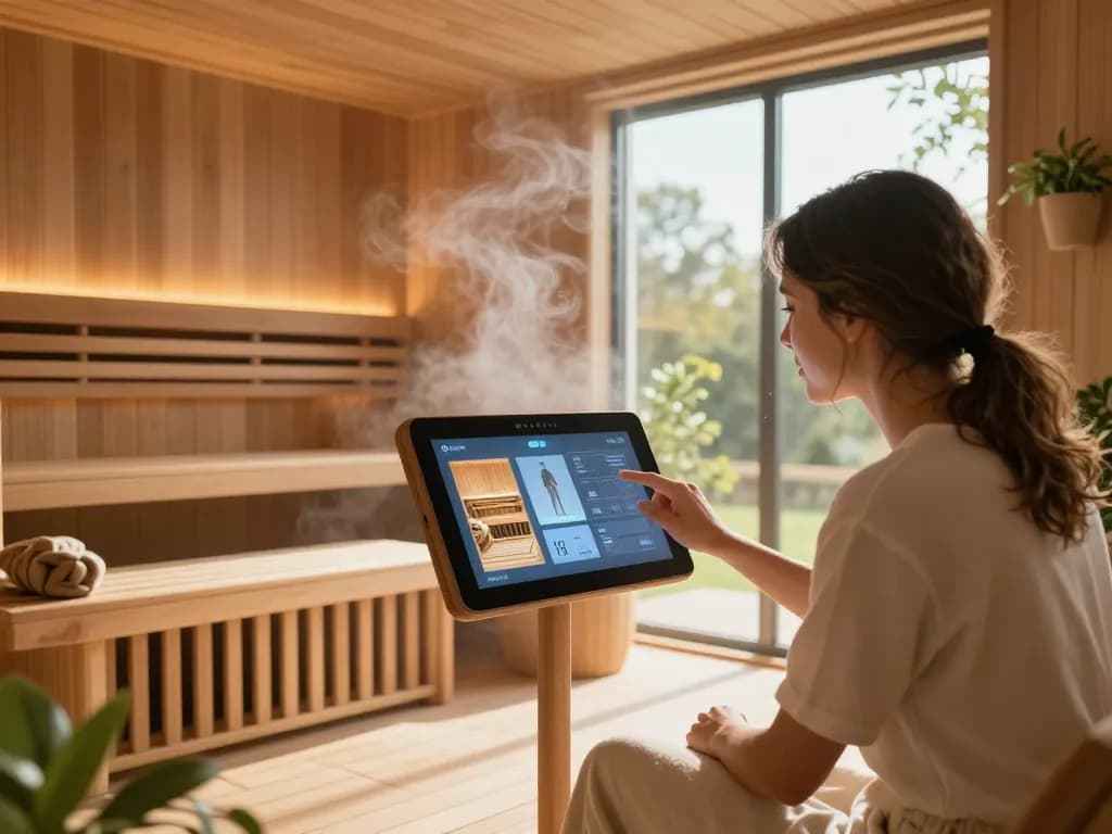 A user engaging with a sauna 3D visualization, customizing features in a bright, inviting home setting.