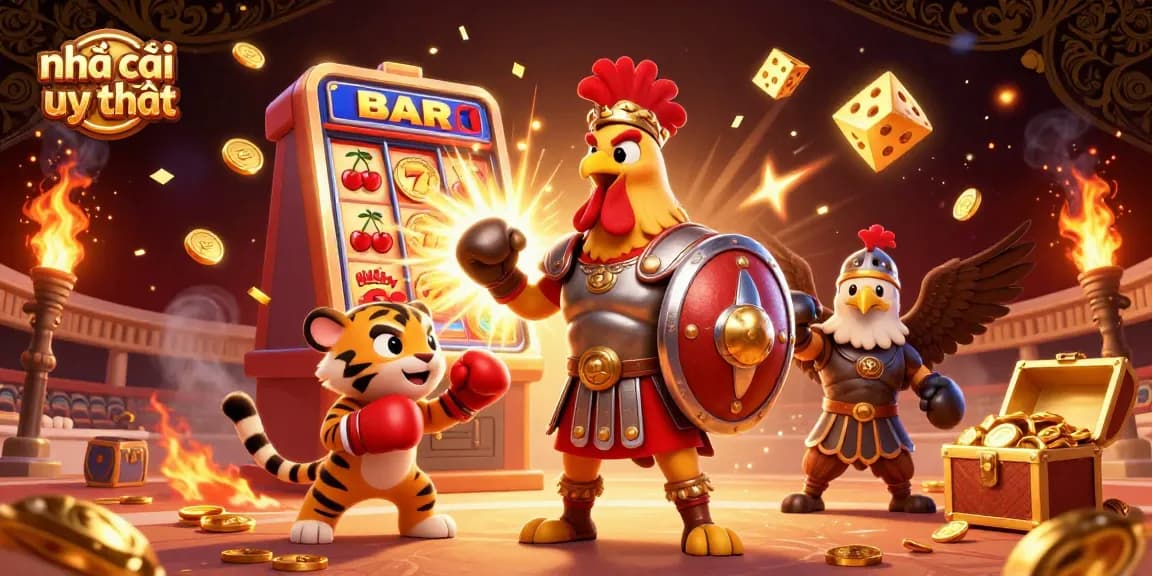 Experience the thrill with nhà cái uy tín, featuring exciting slot games and dynamic characters in an action-packed scene.