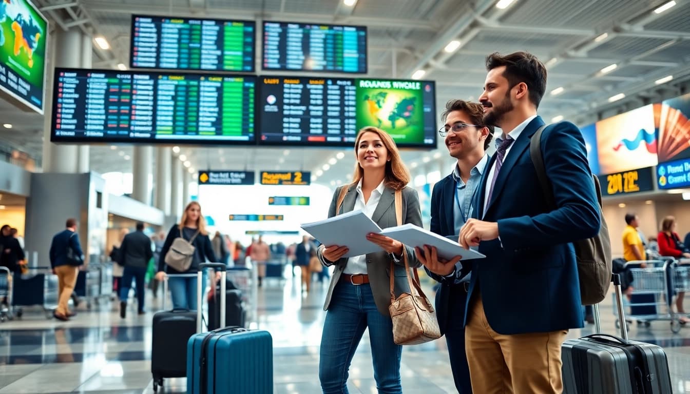 Travelers planning their journey to round the world destinations in a vibrant airport terminal.