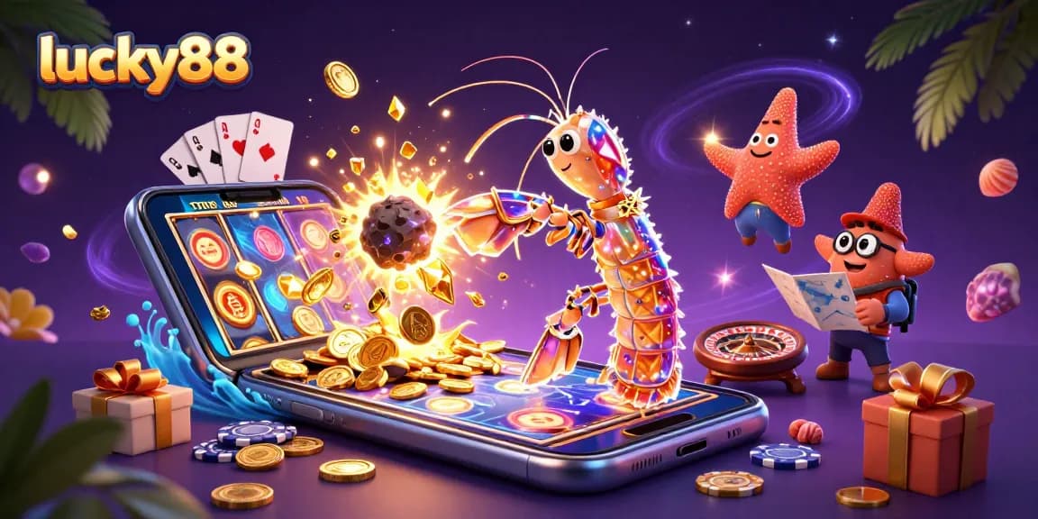 Spin the lucky88 reels with vibrant gems and coins erupting in this 3D casino adventure illustration.