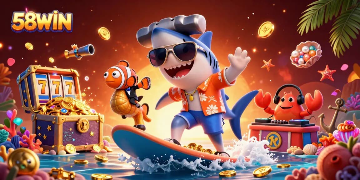Engage with 58WIN's vibrant casino scene featuring a hammer-head shark surfing on gold coins amidst lively game elements.