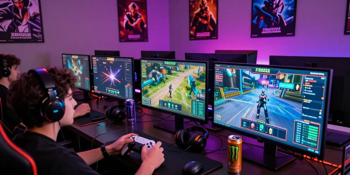 Experience ZEUS222 in an immersive gaming setup with multiple screens, dynamic lighting, and engaged gamer.