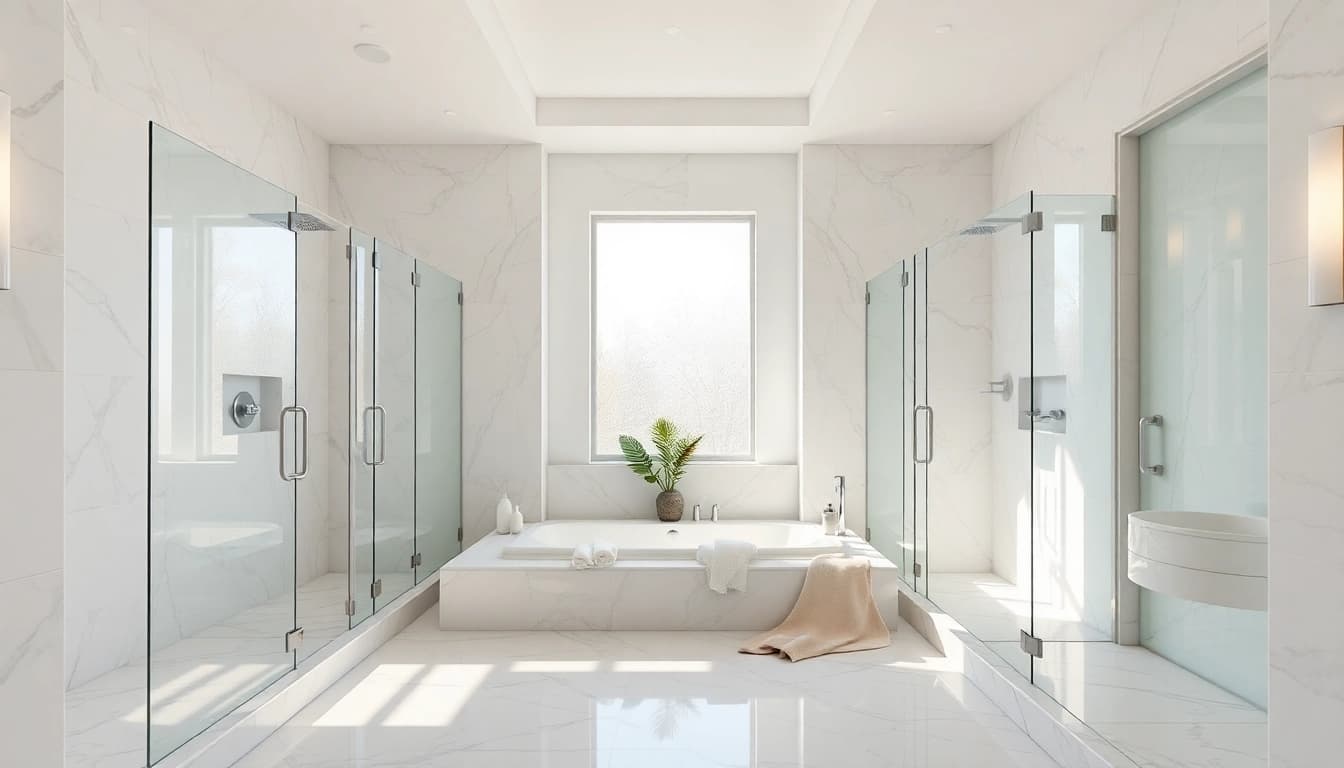 Experience elegant showers au in a luxurious bathroom with marble and glass detailing.