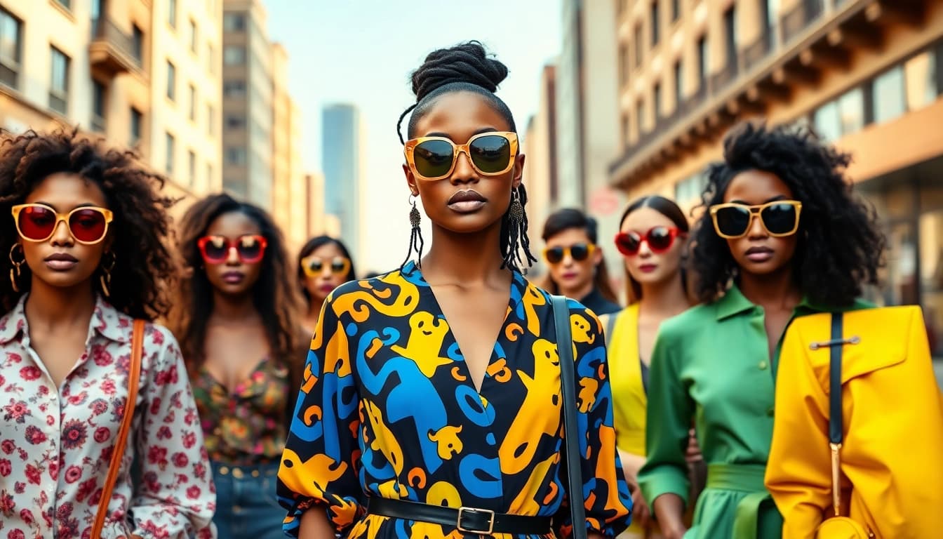 Showcasing vibrant Fashion trends in a lively urban setting with diverse models.