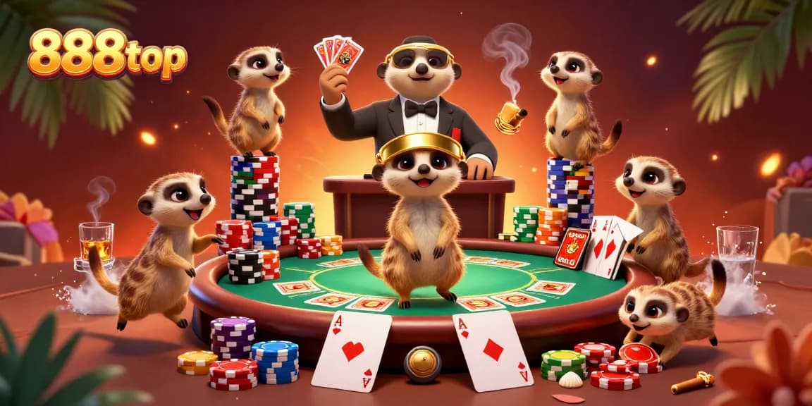 Engage in thrilling gameplay at 888top with lively meerkats running a bustling casino scene and poker action.