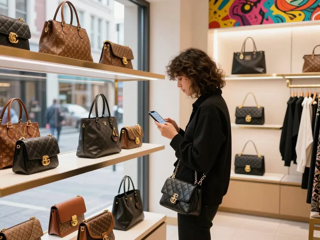 Stylish shopper exploring 레플리카 사이트 offerings at a chic boutique, vibrant displays and urban backdrop.