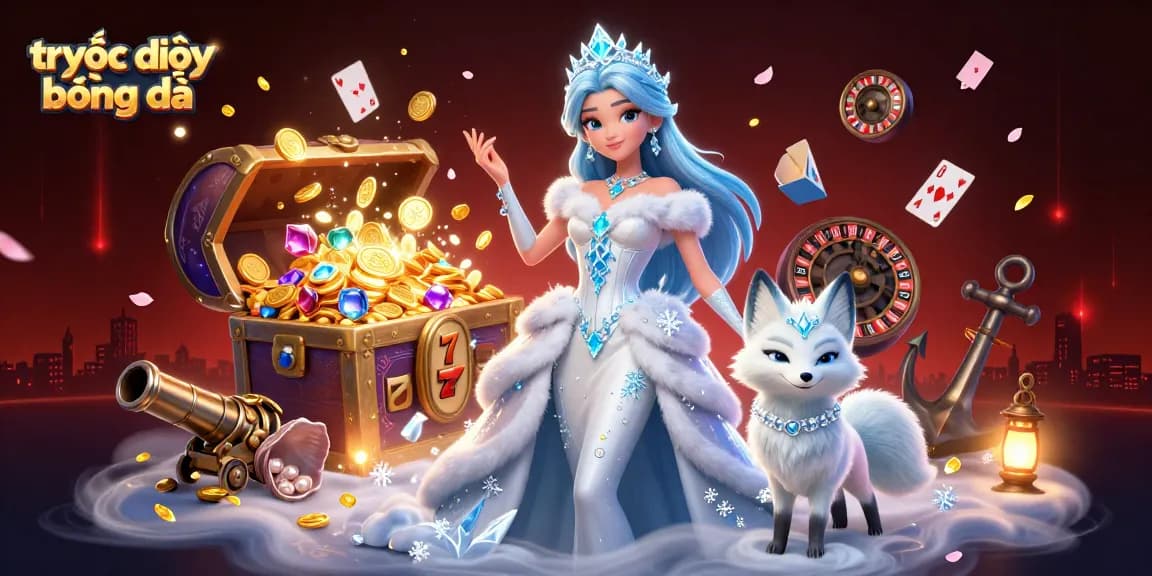 Experience trực tiếp bóng đá with a stunning online casino scene featuring a glamorous ice queen and dynamic game elements.
