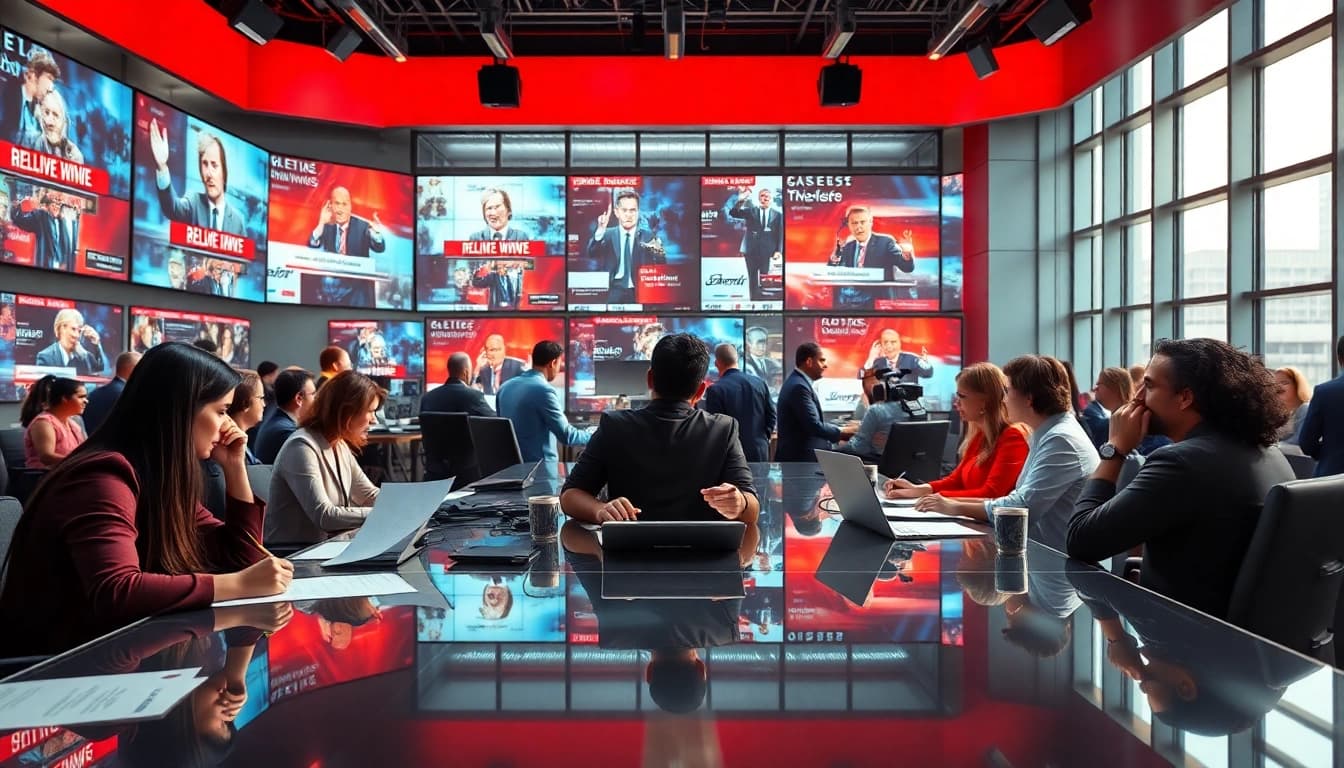 Journalists reporting breaking news in a vibrant newsroom setting.