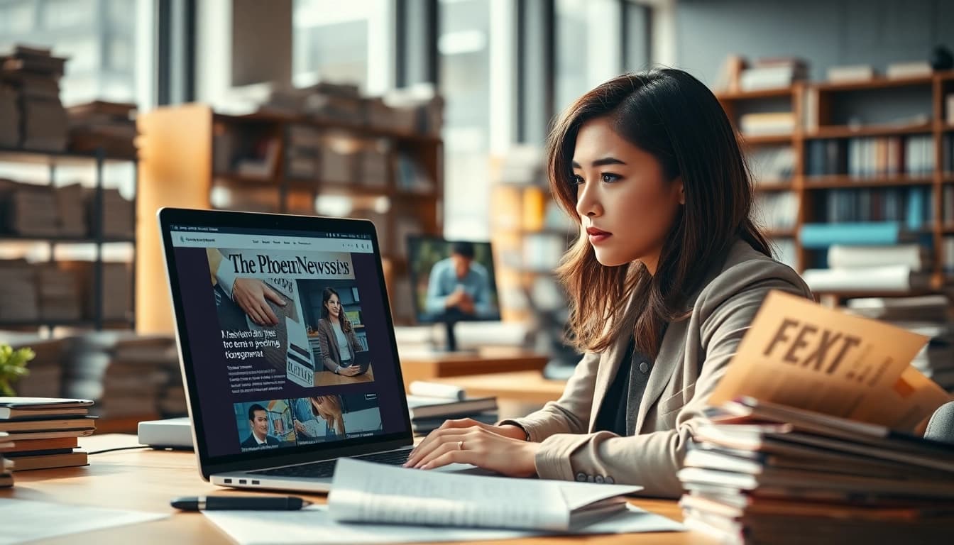Engaged journalist reviewing thephoenixnewspaper content in a bright newsroom setting.