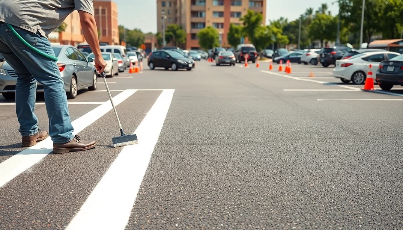 Parking lot marking company Jackson MS creating vivid lines in a busy urban parking lot.