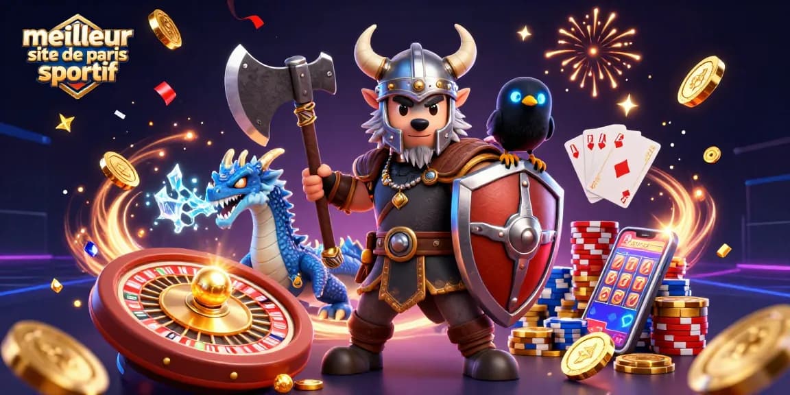 Le meilleur site de paris sportif présente une illustration dynamique avec des personnages de casino en action.
