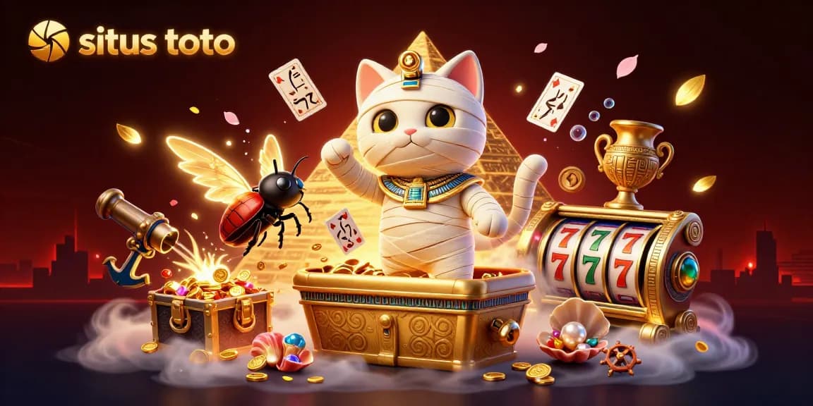 Experience situs toto casino magic with a mummy cat and glowing relics in a vibrant pyramid scene.