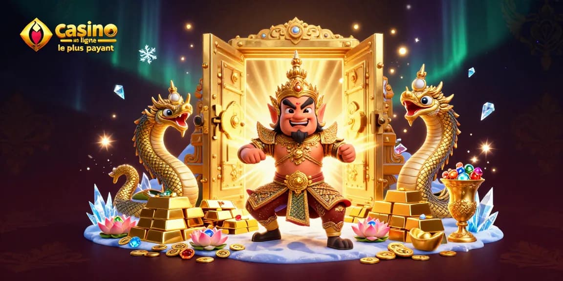 Explorez le casino en ligne le plus payant avec cette illustration dynamique de gardien thaïlandais entouré de trésors.