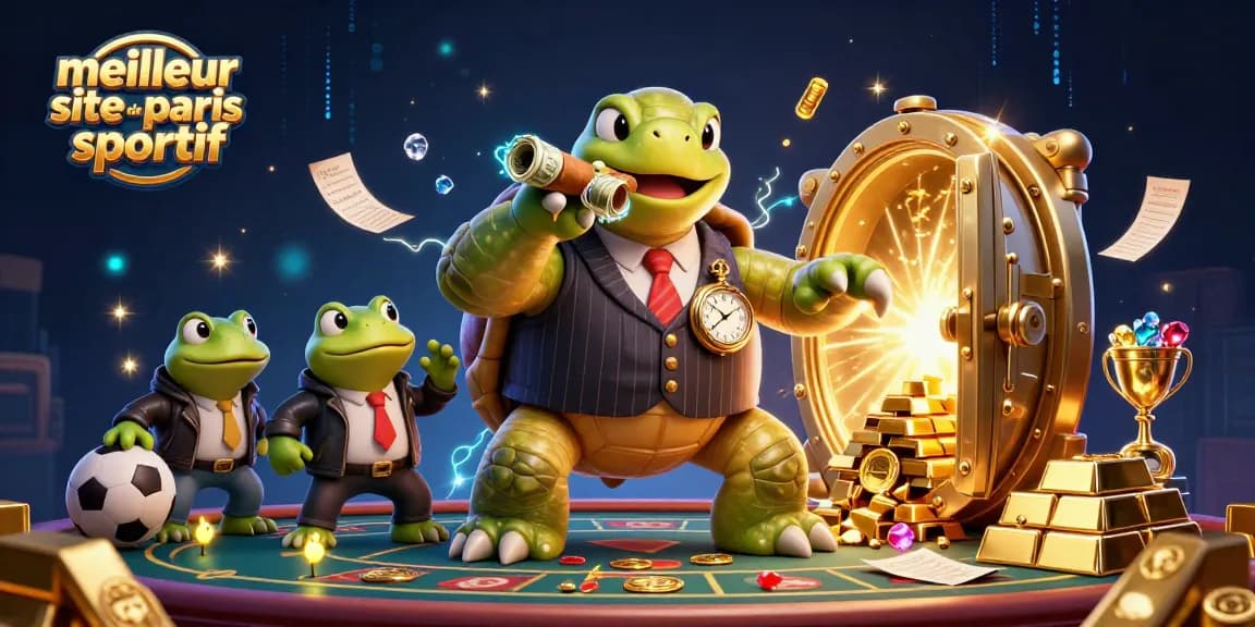 Aperçu dynamique du meilleur site de paris sportif avec un personnage de tortue et des éléments de paris.