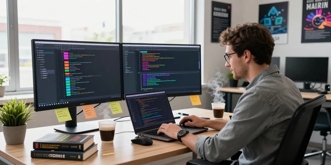 Developer coding in vibrant workspace highlighting 纸飞机中文版官网 features and tech tools.