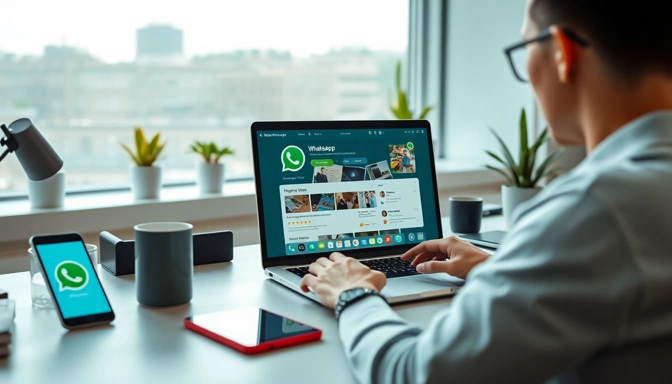 WhatsApp Web in a modern workspace showing seamless communication on a laptop.