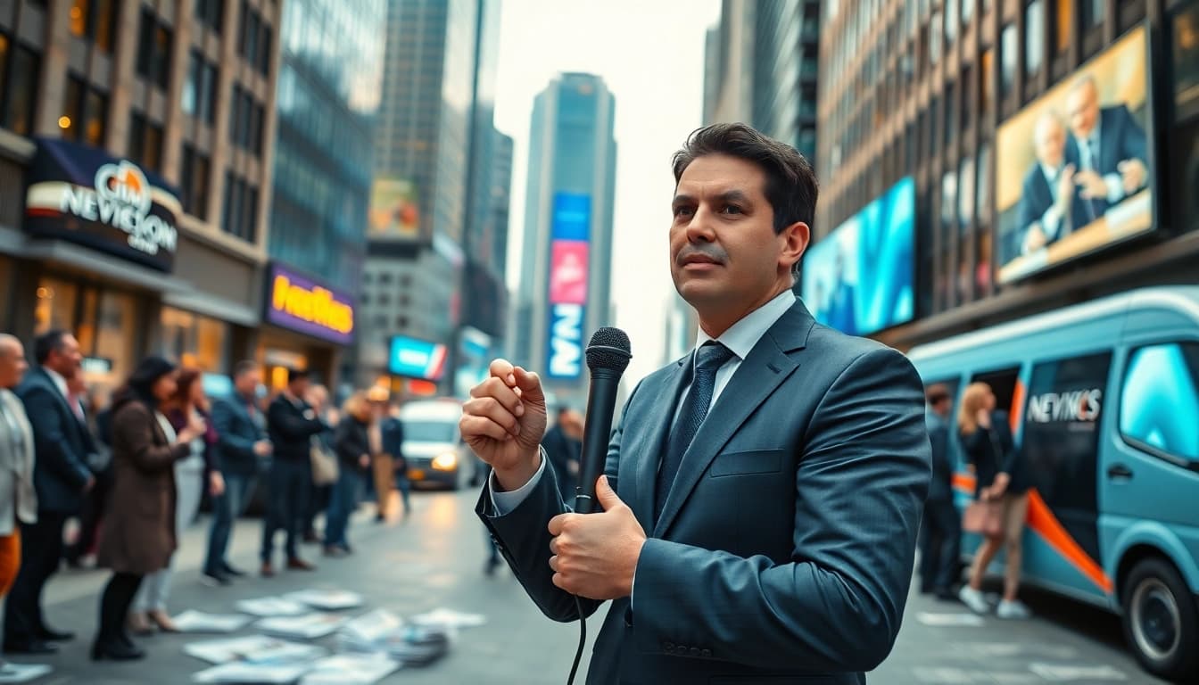 Reporter shares news updates while engaged crowd watches closely, showcasing the importance of breaking news.