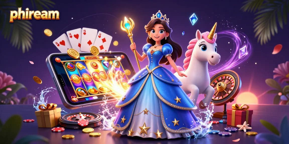 Play thrilling casino games with phdream featuring a stunning royal character amidst vibrant gambling elements.