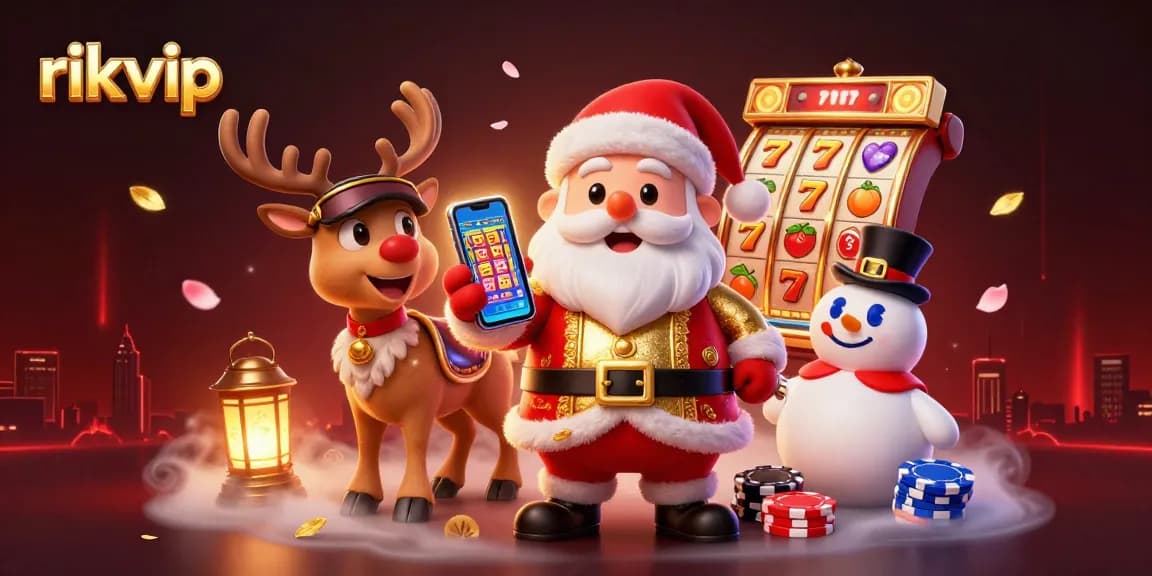 Engage with rik vip's thrilling slot games featuring Santa and friends in a vibrant casino scene.