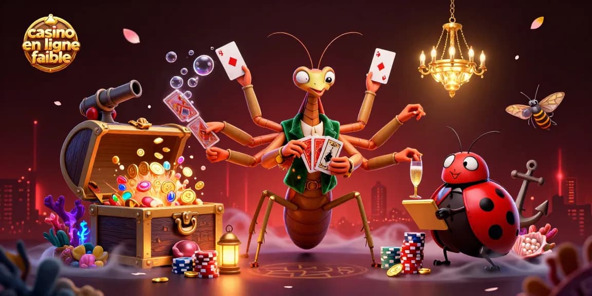 Casino en ligne fiable : illustration 3D colorée d'un mante et d'un responsable de jeu dans un décor de jeux.