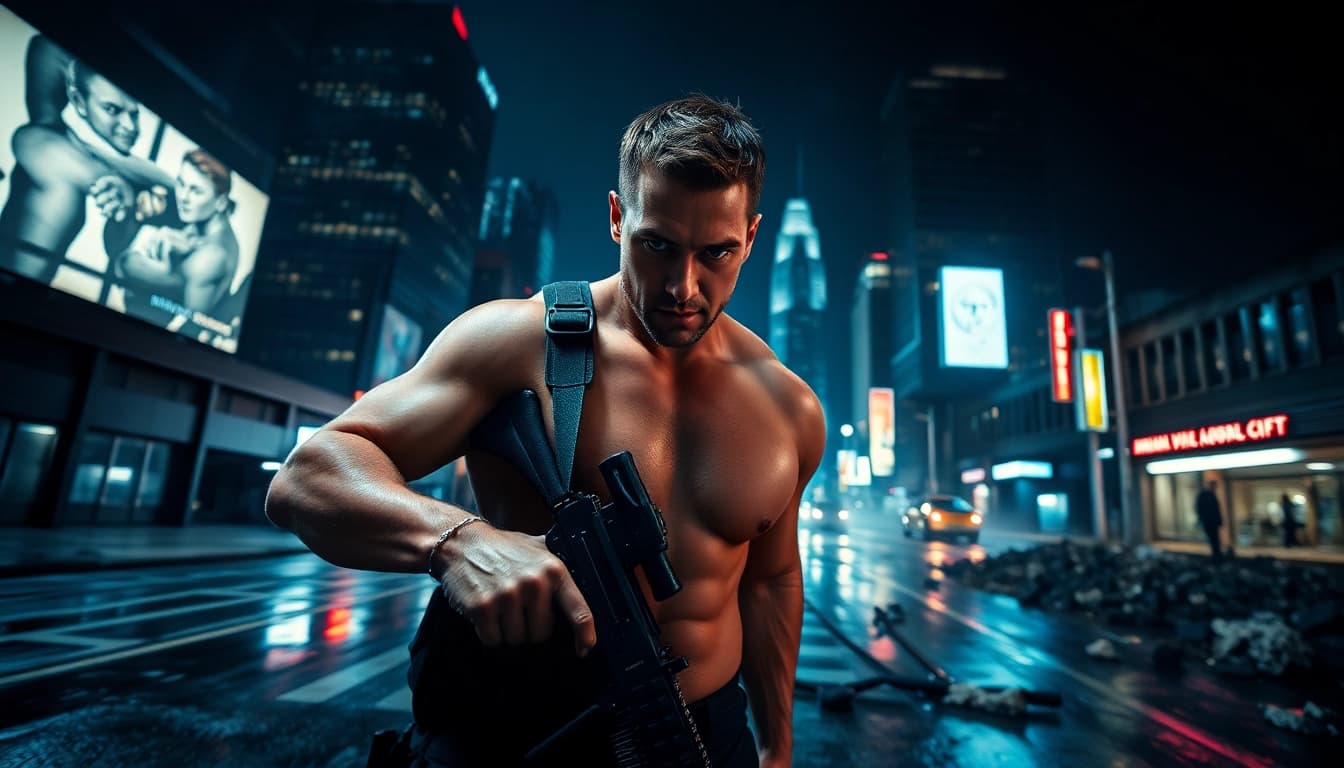 Captivating action-packed thriller scene featuring a determined hero in a dimly lit urban setting.