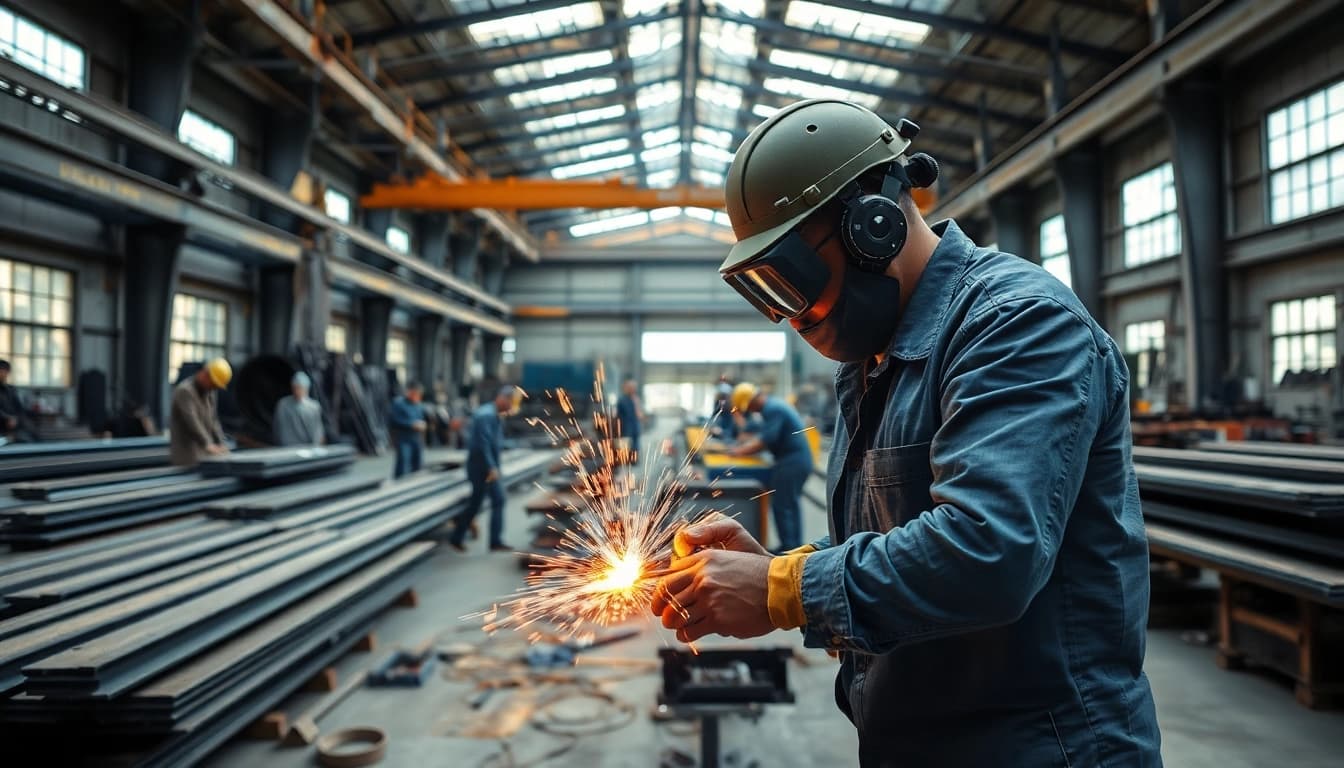 Fabricator engaging in structural steel fabrication process using welding techniques.