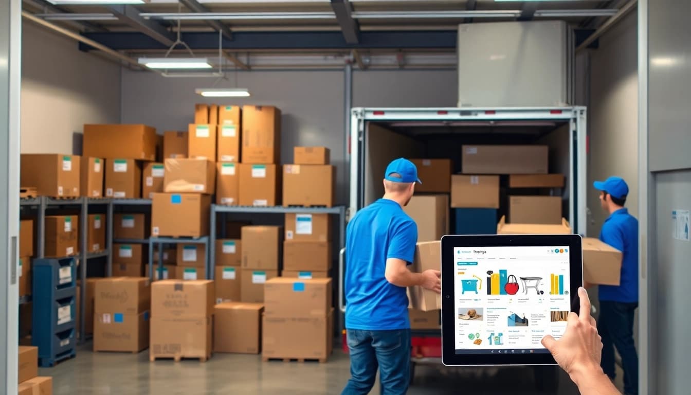 Moving and Storage facility in San Diego with movers and organized storage boxes.