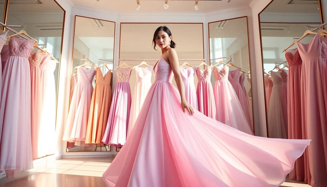 Model showcasing a stunning selection of Designer dresses in a beautiful boutique.
