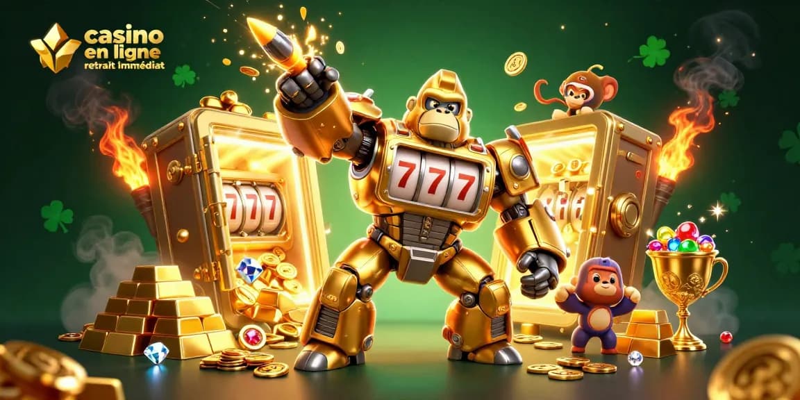 Gagnez avec le casino en ligne retrait immédiat grâce à un gorille mech doré explosant des pièces et des trésors.