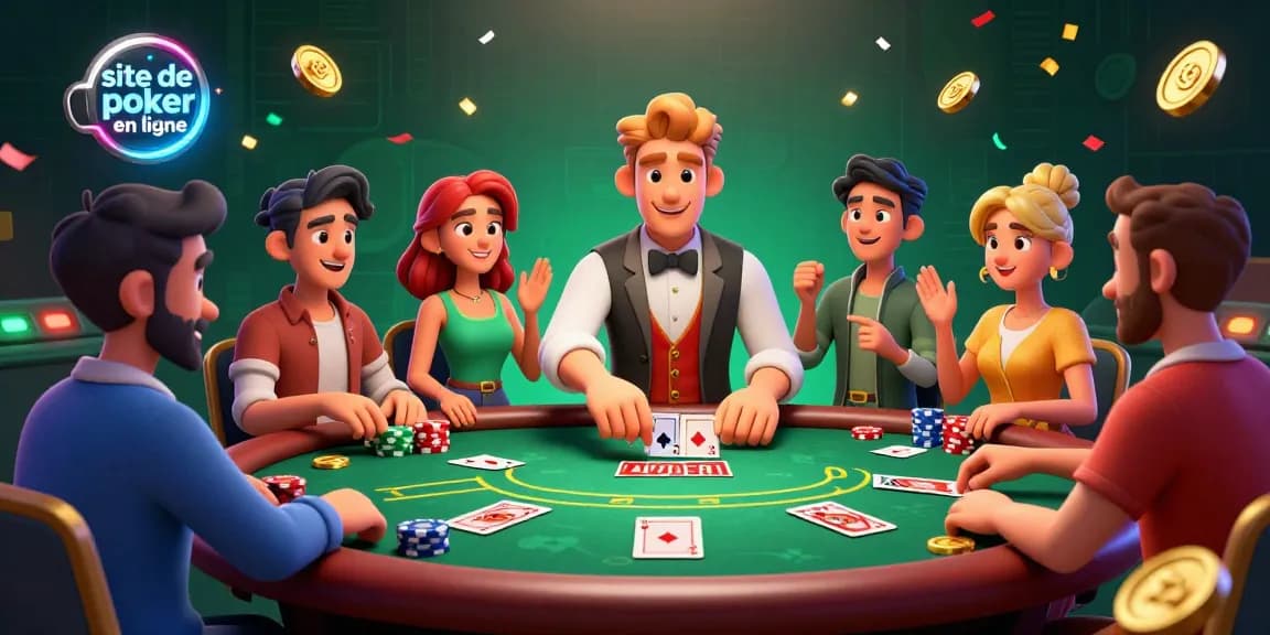 Jouez au poker en ligne sur le meilleur site de poker en ligne avec des personnages animés savourant l'excitation d'une partie stratégique.