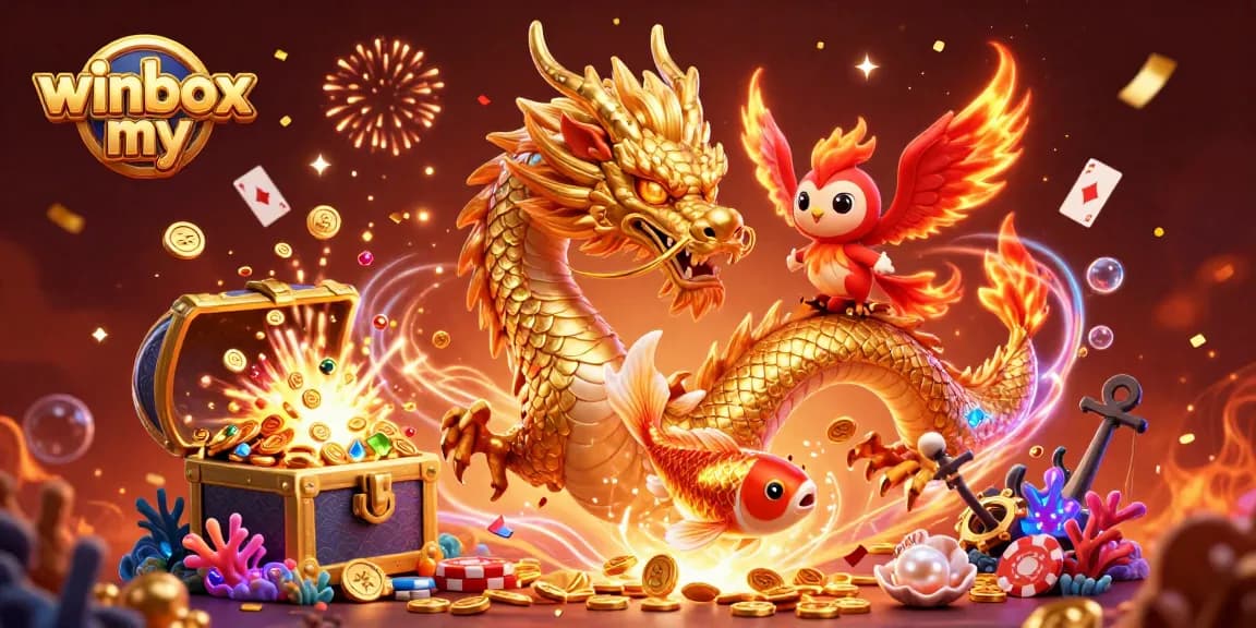 Experience exciting gaming rewards with winbox my's vibrant 3D casino illustration featuring a powerful dragon and charming phoenix.
