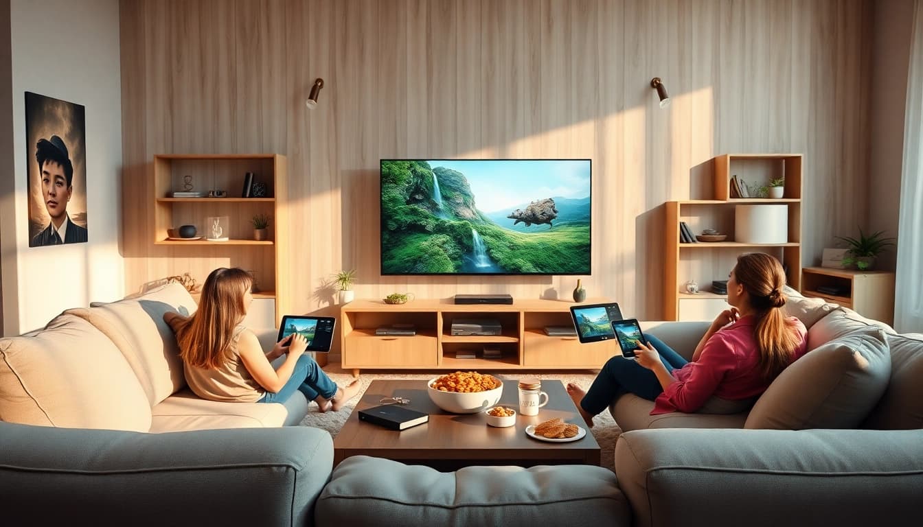 Showcase immersive entertainment with streaming devices at https://vizomate.com featuring a cozy living room.