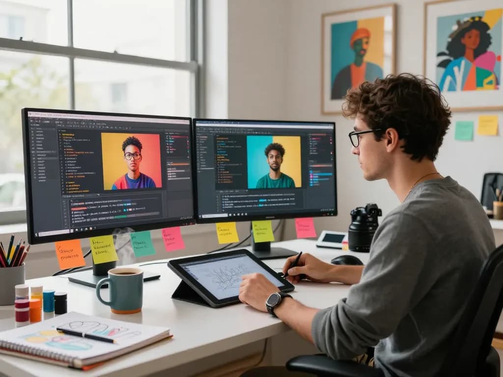 Creating engaging text prompts using advanced image to prompt ai tools in a vibrant digital studio.
