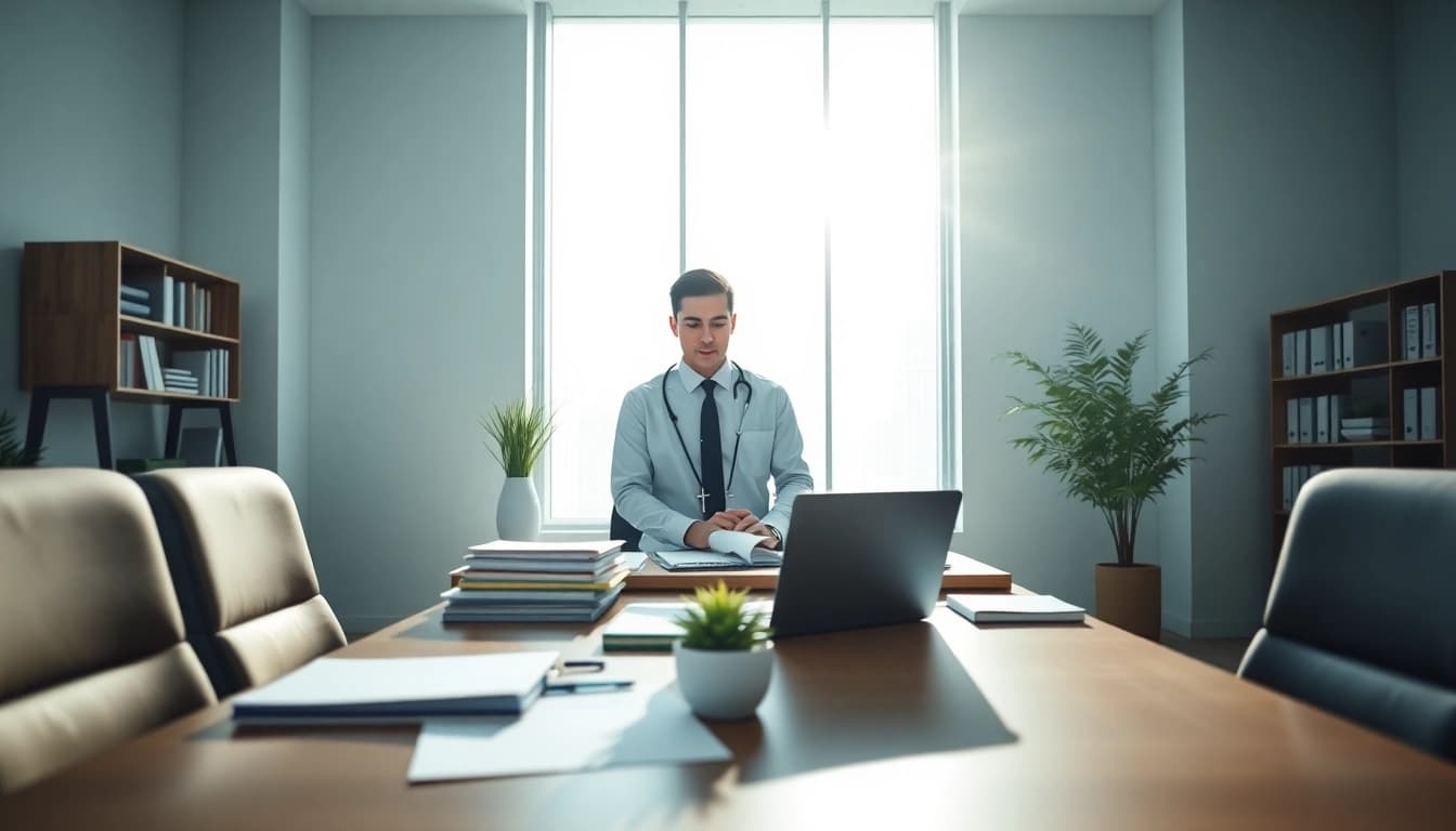 Tax Consultant in Kenya working in a bright, modern office environment with documents and a laptop.