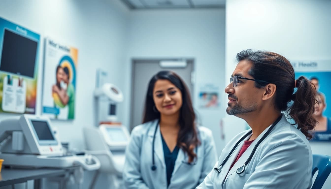 Healthcare professional discussing Health strategies with a patient in a welcoming clinic.