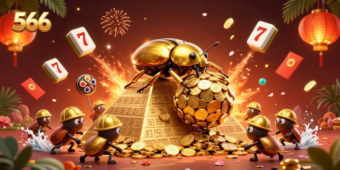 Engage in thrilling gameplay at 566, depicted with vibrant golden characters and casino symbols.