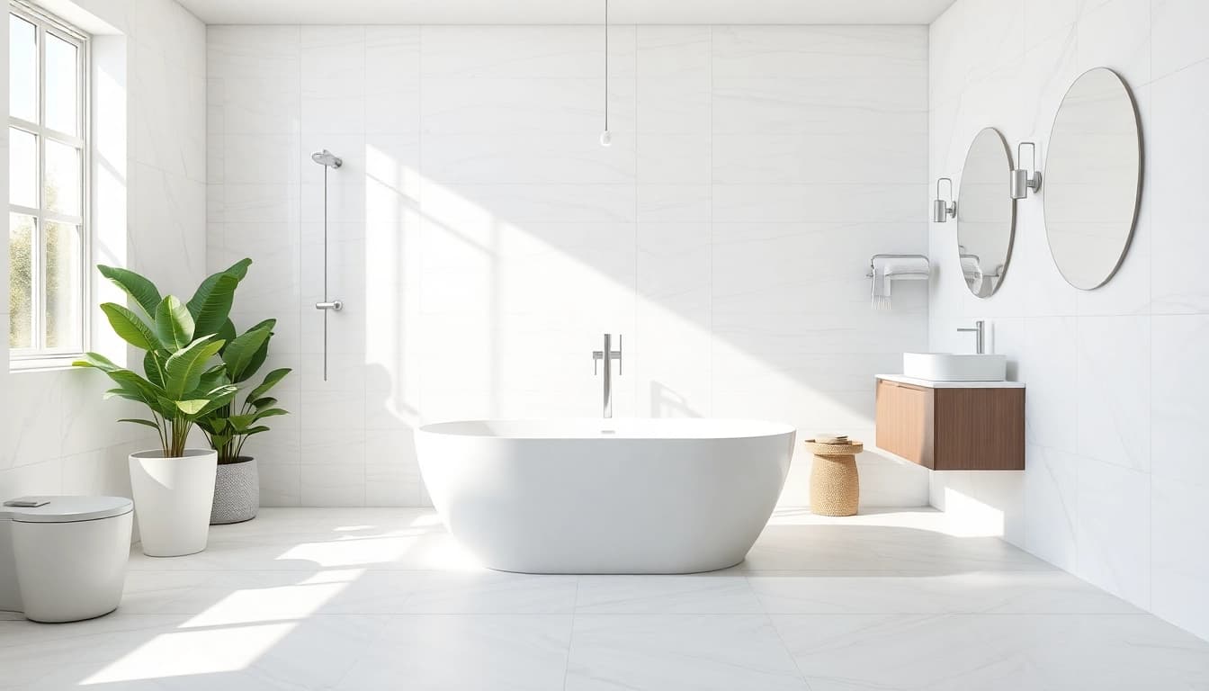 Inspiring bathroom renovations near me, featuring a modern design with a freestanding tub and elegant fixtures.