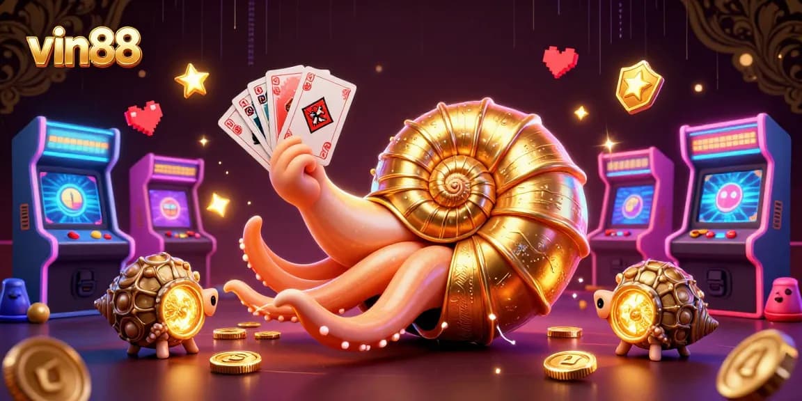 Engage with the vibrant vin88 gaming scene featuring a giant nautilus roulette wheel and glowing card hands.