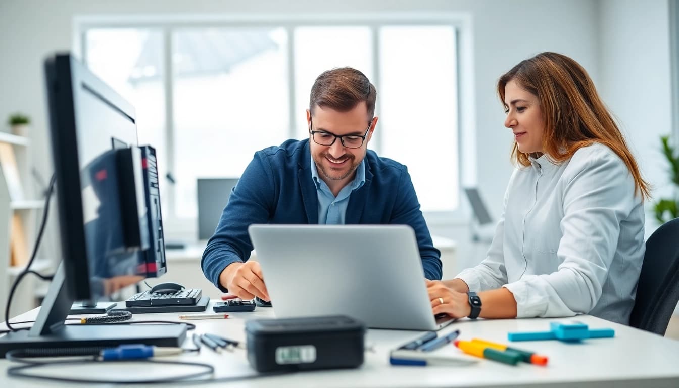 Provide expert computer support and services through professional repair solutions in a modern office.