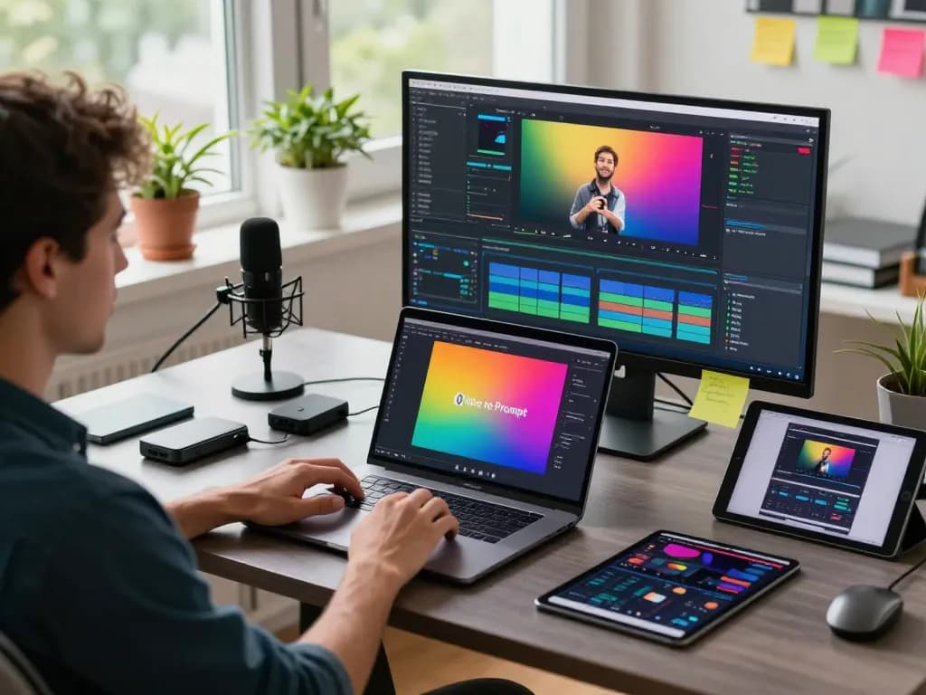 Creator using a video to prompt tool in a vibrant workspace with tech equipment and natural light
