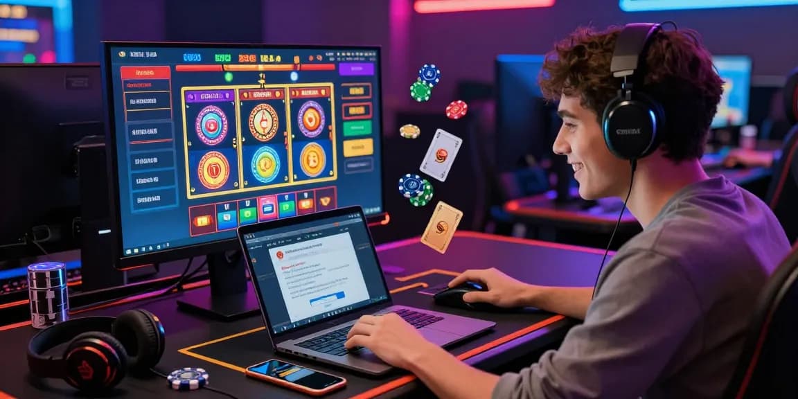 Engaged player at a credit card casino, using a laptop to deposit and enjoy online gaming with vibrant visuals and ambient lighting.
