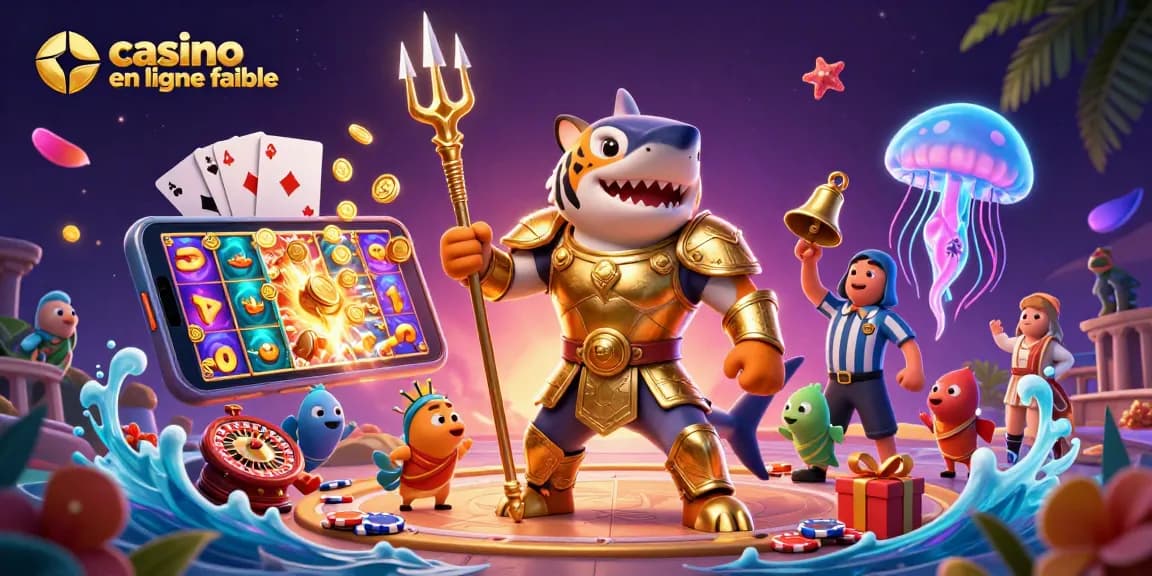 Casino en ligne fiable : illustration d'un tigre requin en armure dorée jouant à des jeux de casino.