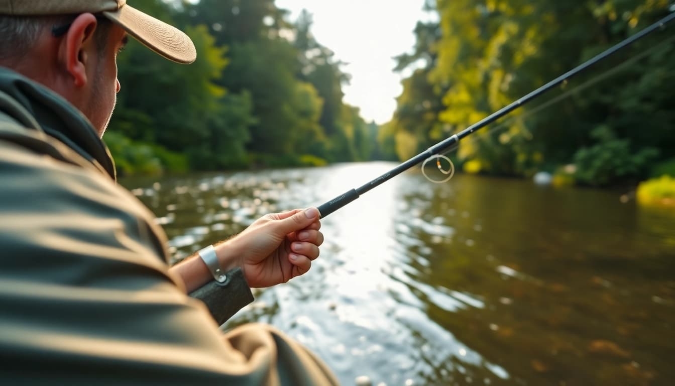 Angler casting a fly fishing line into a tranquil river surrounded by greenery.