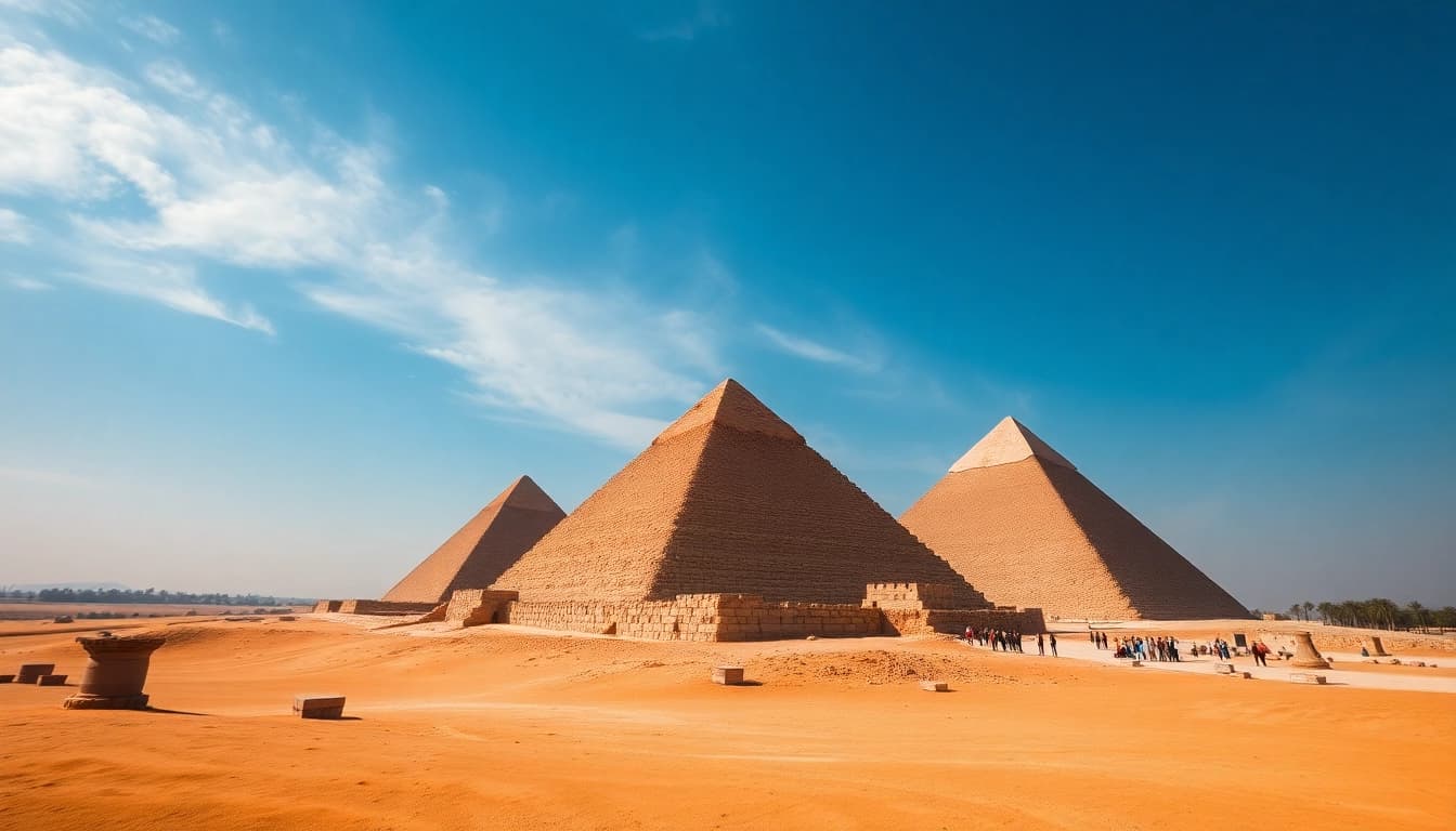 View of the Great Pyramids of Giza from https://piraminds.com/ under a bright blue sky.
