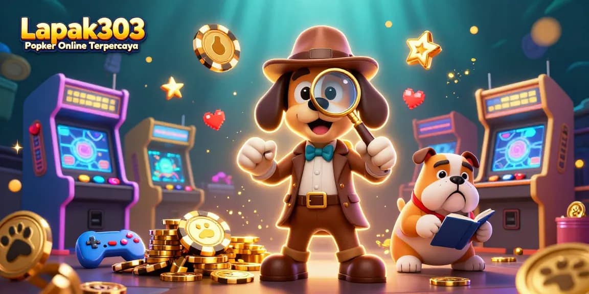 Engage with Lapak303 Poker Online Terpercaya through a lively 3D scene featuring detectives and gaming elements.